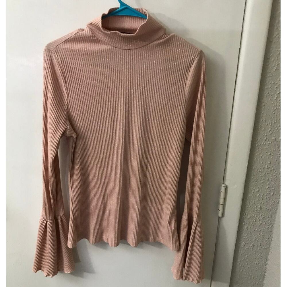 SHEIN Curve Flounce Sleeve Pink Sparkly Turtleneck Sweater 1XL Coquette Girl
